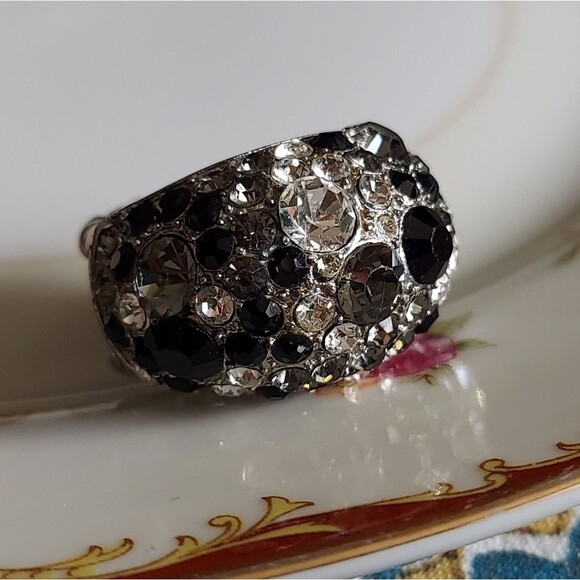 Vintage Black, Grey, White/Clear Rhinestone Statement Ring - Adjustable Band - Picture 7 of 12